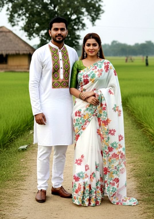 কাপল ড্রেস কালেকশন চান্দুরি সিল্ক শাড়ি ও ধুপিয়ান পাঞ্জাবি